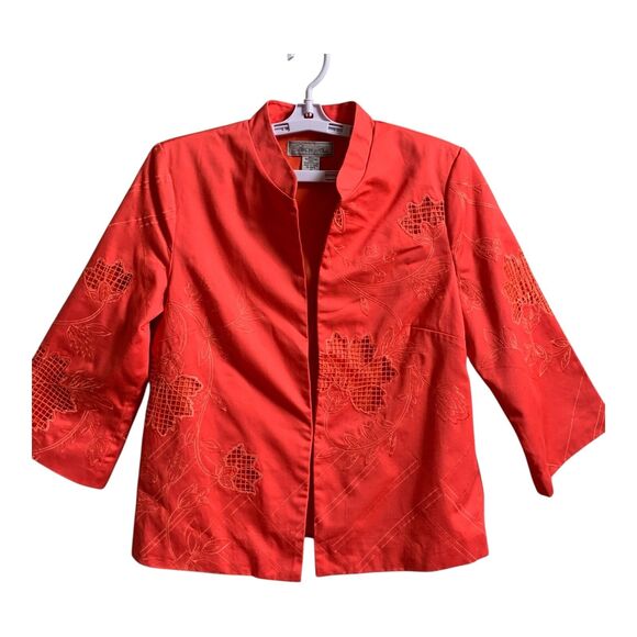 Birch Hill Jacket SZ MED Coral Orange Embroidered Tulips Cut Out Button Up - Picture 1 of 14